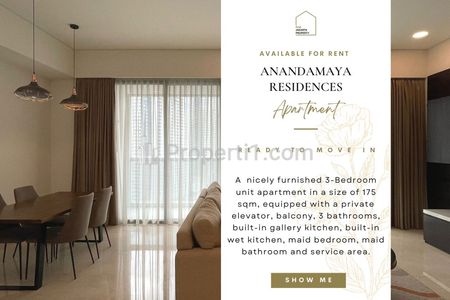 For Rent Apartment Anandamaya Residences, 3BR 175sqm, Nicely Furnished and Ready to Move in! Also Available Other 2BR/3BR Units for Sale!