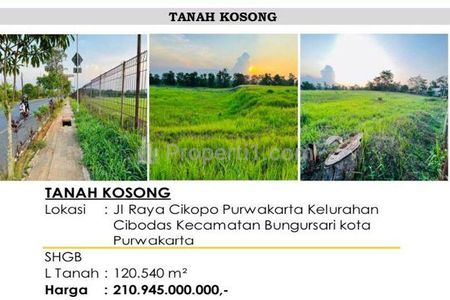 Jual Cepat Nego Tanah HGB Luas 12 Hektar Zona Komersial Bisnis di Raya Cikopo, Bungursari, Purwakarta, Jawa Barat