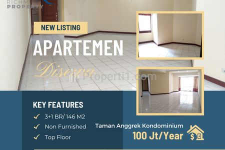 Disewakan Apartemen 3+1 BR Non Furnished 146 m² di Taman Anggrek Condominium, Strategis dan Nyaman!