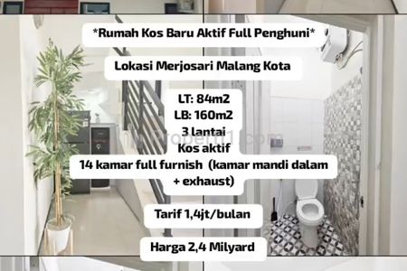 Dijual Kost-kostan Aktif 3 Lantai di Merjosari Malang