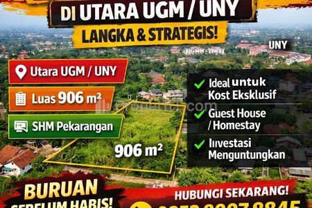 Dijual Tanah Strategis Utara Kampus UGM dan UNY Sleman, Luas 906m2 SHM Murah Masih Nego