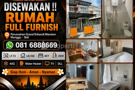 Disewakan Rumah 2 Lantai Full Furnish Perumahan Grand Srikandi Mansion Munggu, Badung, Bali Siap Huni LT72 LB100 KT3 KM2 Water Heater 4AC