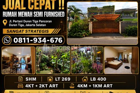 Dijual Rumah Mewah Semi Furnished SHM di Duren Tiga, Pancoran Jakarta Selatan, Rumah SHM LT269 LB400 Lokasi Strategis Dekat Pusat Bisnis