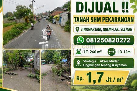 Dijual Murah Tanah SHM Strategis Bimomartani, Ngemplak, Sleman Yogyakarta Luas 260 m2, LD 12m, Akses Jalan Lebar, Kavling Siap Bangun Harga Murah