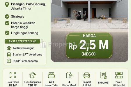 Dijual Rumah 2 Lantai Strategis di Pisangan, Pulo Gadung, Jakarta Timur