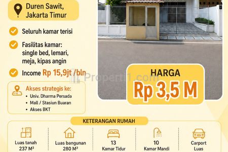 Dijual Kost Aktif Terisi Penuh di Duren Sawit, Jakarta Timur
