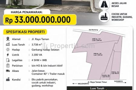 Dijual Ex Pabrik 3738 m2 Nol Jalan Raya Taman - Sepanjang, Sidoarjo, Jawa Timur - Lengkap Izin Industri Aktif - Izin HO - Akses Truk Kontainer 40 Feet