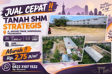 Tanah SHM Dijual Murah Jl. Imogiri Timur Sampangan Yogyakarta, Luas 2900m2 LD 29m Sangat Strategis Nego Langsung Pemilik