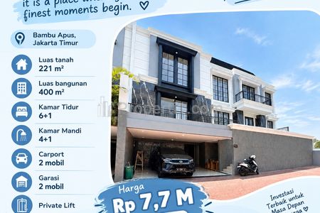 Dijual Rumah 3 Lantai Bonus Private Lift di Bambu Apus, Cipayung, Jakarta Timur