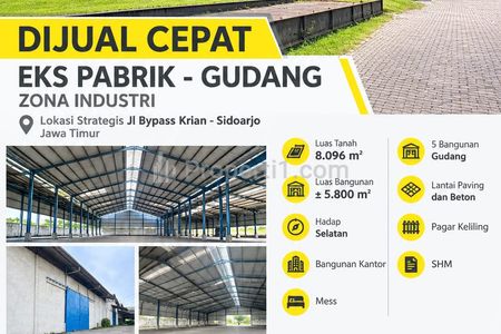 Dijual Ex Pabrik 8096 m2 Bypass Krian Sidoarjo Jawa Timur - Zona Industri - Gudang Lantai Beton dan Paving - Mess Karyawan - Ruang Kantor