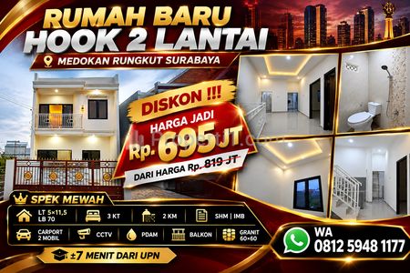 Dijual Rumah Baru Hook 2 Lantai Rungkut Surabaya, SHM Siap Huni Lokasi Strategis Harga Murah Cuma 695 Juta