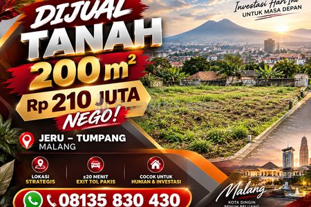Dijual Tanah Kavling Strategis Jeru Tumpang Malang, Area Berkembang Cocok untuk Hunian Maupun Investasi - SHM 200m2 Murah Bisa Nego