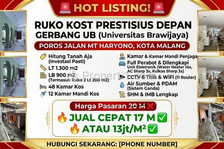 Dijual Kost-kostan Poros Gerbang UB Malang, Kamar Tidur 48m2
