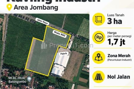 Dijual Murah Tanah Industri 3 Hektar di Jombang Jawa Timur - Zona Merah - Hadap Nol Jalan Raya - Sebaris Pabrik - Surat SHM