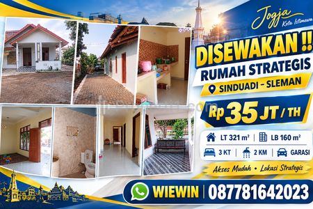 Disewakan Rumah Strategis Sinduadi Sleman Yogyakarta LT 321 LB 160, KT3, Garasi, Halaman Luas Cocok untuk Hunian dan Tempat Usaha