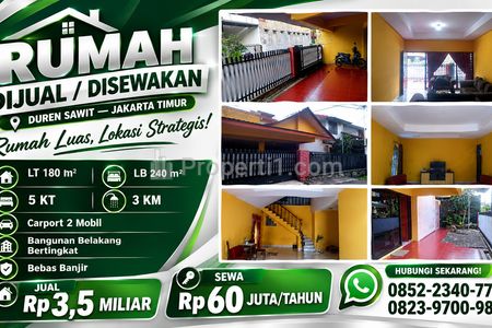 Rumah Dijual di Duren Sawit Jakarta Timur, 2 Lantai Strategis LT180 LB240 KT5 KM3 Murah
