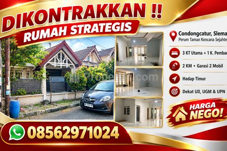 Rumah Disewakan Murah Condongcatur Sleman Yogyakarta, Lokasi Strategis Dekat Kampus UII, UGM, UPN, Ruangan Luas ada 3KT utama, 2KM, Garasi, Kamar ART